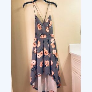 Gray, floral cocktail dress